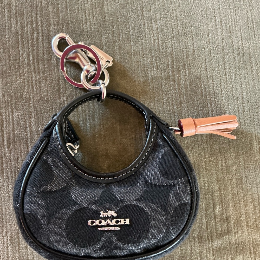 Coach Black Signature Mini keychain with tan Tassel Charm